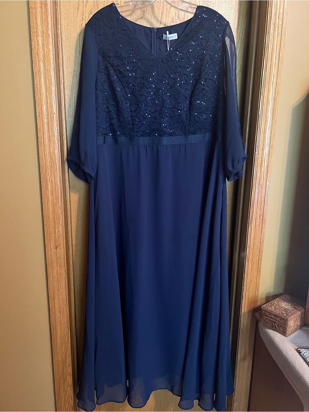Elegant Navy Blue Sequin Lace Chiffon Dress